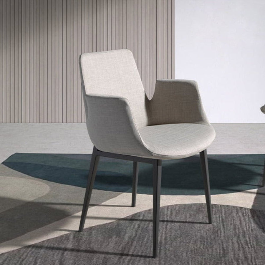 Kortárs stílusú, szürke színű szövettel kárpitozott, acél szerkezetű, dizájn étkezőszék.