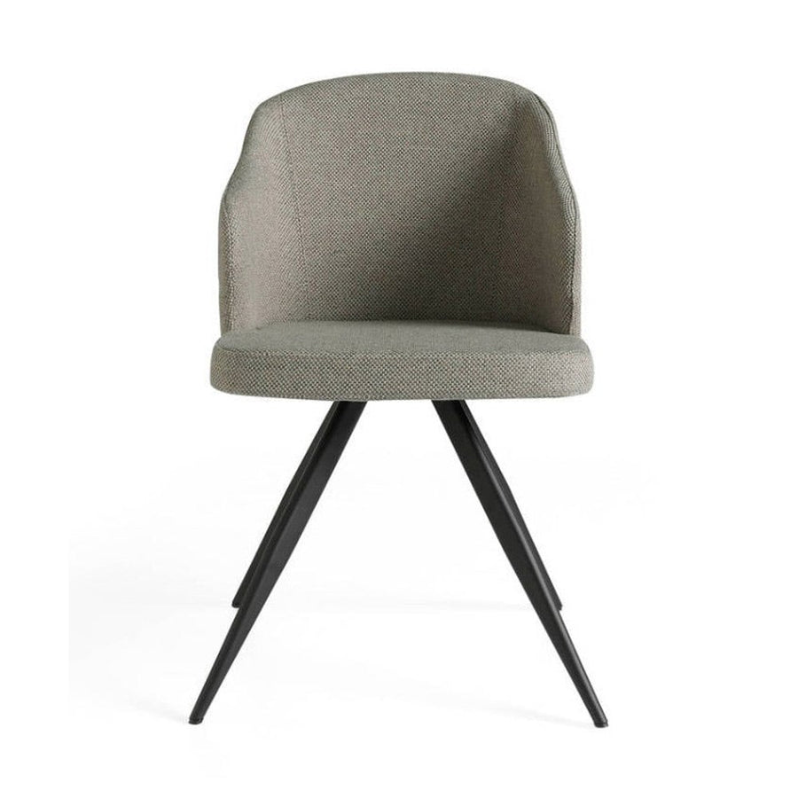 Kortárs stílusú, szürke színű szövettel kárpitozott, acél szerkezetű étkezőszék.