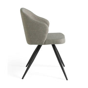 Kortárs stílusú, szürke színű szövettel kárpitozott, acél szerkezetű étkezőszék.