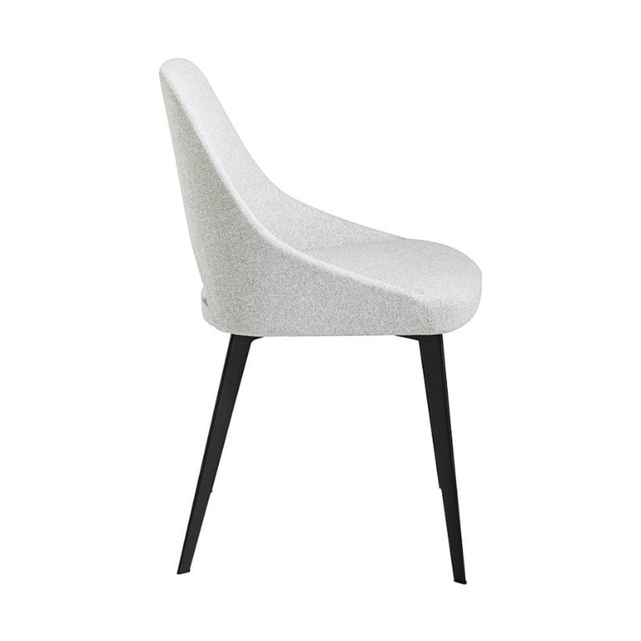 Kortárs stílusú, szürke színű szövettel kárpitozott, acél szerkezetű dizájn étkezőszék.