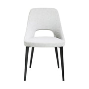 Kortárs stílusú, szürke színű szövettel kárpitozott, acél szerkezetű dizájn étkezőszék.