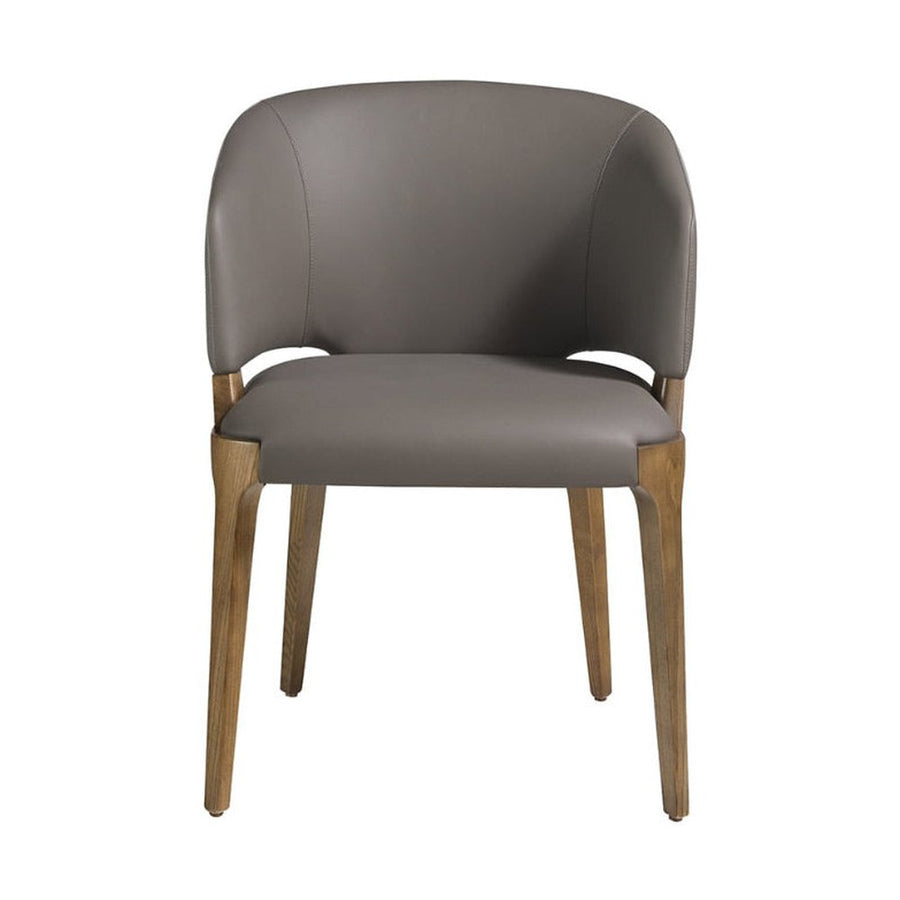 Szürkésbarna műbőrrel kárpitozott, kőrisfából készült, formatervezett dizájn étkezőszék.