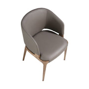 Szürkésbarna műbőrrel kárpitozott, kőrisfából készült, formatervezett dizájn étkezőszék.