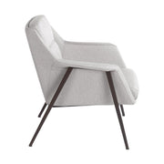 Kortárs stílusú, törtfehér színű szövettel kárpitozott, acél szerkezetű fotel.
