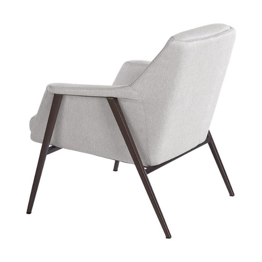 Kortárs stílusú, törtfehér színű szövettel kárpitozott, acél szerkezetű fotel.