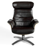 Kortárs stílusú, csokoládébarna színű bőrrel kárpitozott, diófa furnérral borított, dizájn pihenőfotel