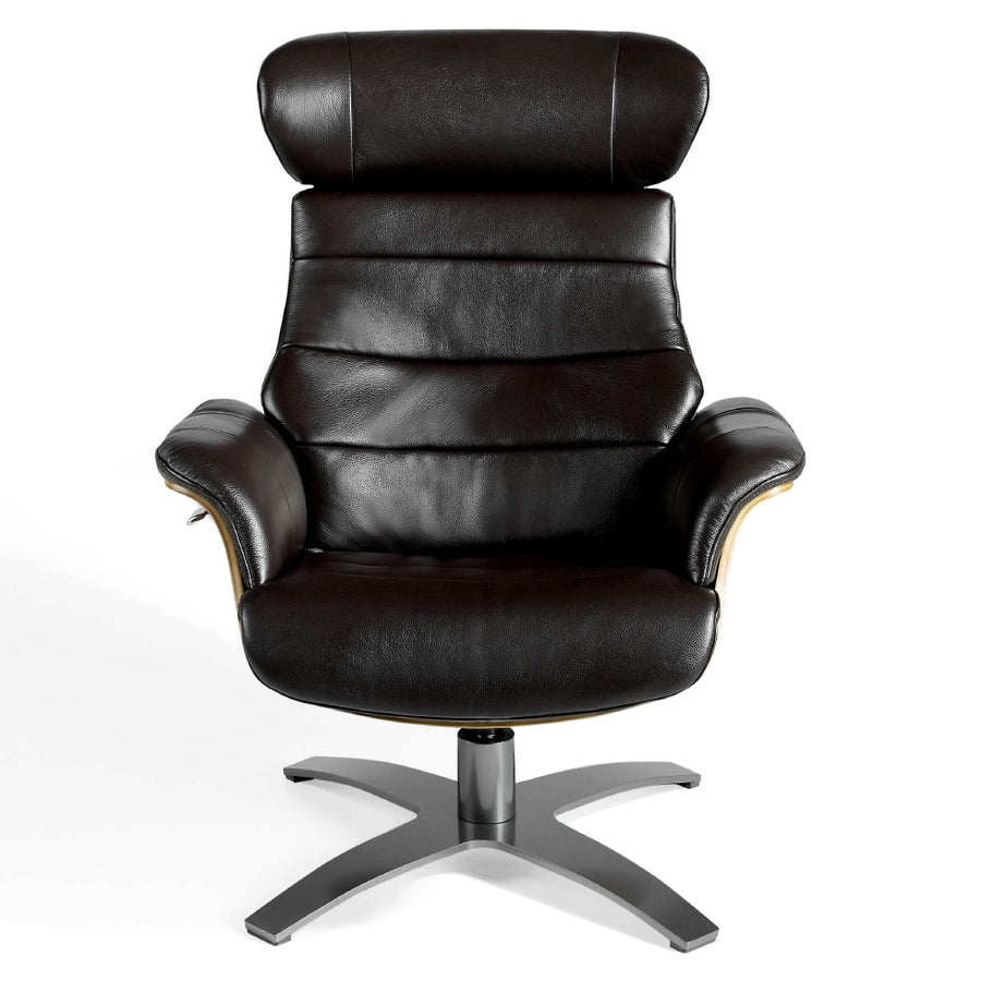 Kortárs stílusú, csokoládébarna színű bőrrel kárpitozott, diófa furnérral borított, dizájn pihenőfotel