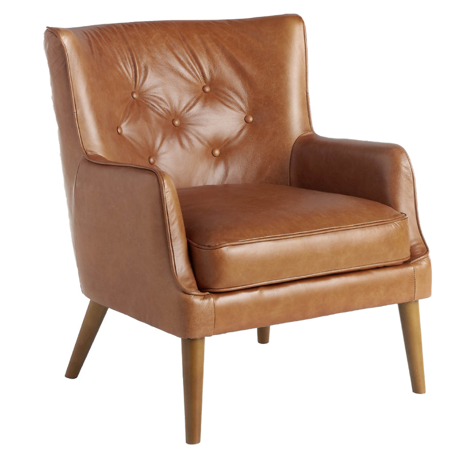 Kortárs stílusú, whiskey-barna bőrrel kárpitozott, dizájn fotel, kőrisfa lábakkal