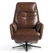 Kortárs stílusú, dohánybarna színű bőrrel kárpitozott, dizájn, forgó pihenőfotel.