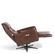 Kortárs stílusú, dohánybarna színű bőrrel kárpitozott, dizájn, forgó pihenőfotel.