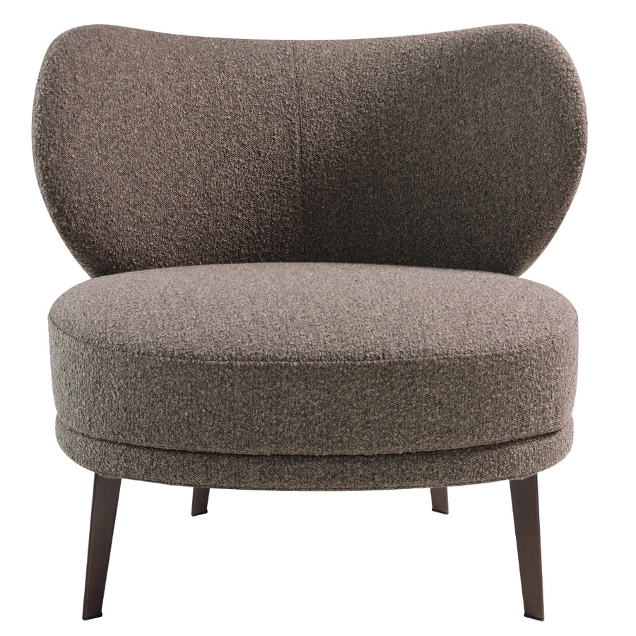 Kortárs stílusú, barna színű szövettel kárpitozott, acélszerkezetű dizájn fotel.