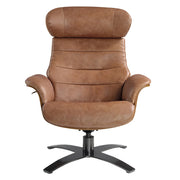 Kortárs stílusú, karamellszínű bőrrel kárpitozott, diófa furnérral borított, dizájn pihenőfotel