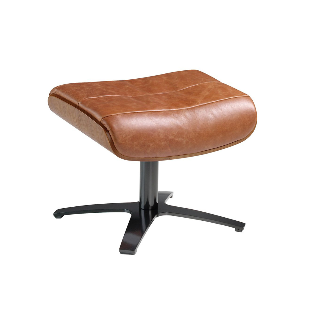 Angel Cerdá karamellbarna bőr forgatható ottomán diófa furnérral és acél lábazattal