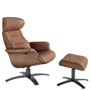 Kortárs, karamellszínű bőrrel kárpitozott, diófa furnérral borított ottomán lábtartó