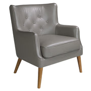 Kortárs stílusú, hamuszürke bőrrel kárpitozott, dizájn fotel, kőrisfa lábakkal