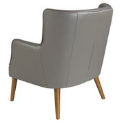 Kortárs stílusú, hamuszürke bőrrel kárpitozott, dizájn fotel, kőrisfa lábakkal