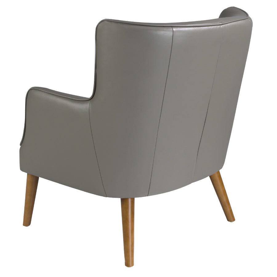 Kortárs stílusú, hamuszürke bőrrel kárpitozott, dizájn fotel, kőrisfa lábakkal