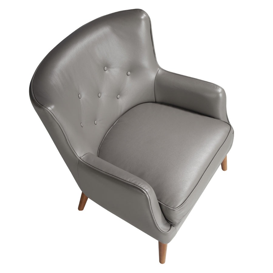 Kortárs stílusú, hamuszürke bőrrel kárpitozott, dizájn fotel, kőrisfa lábakkal