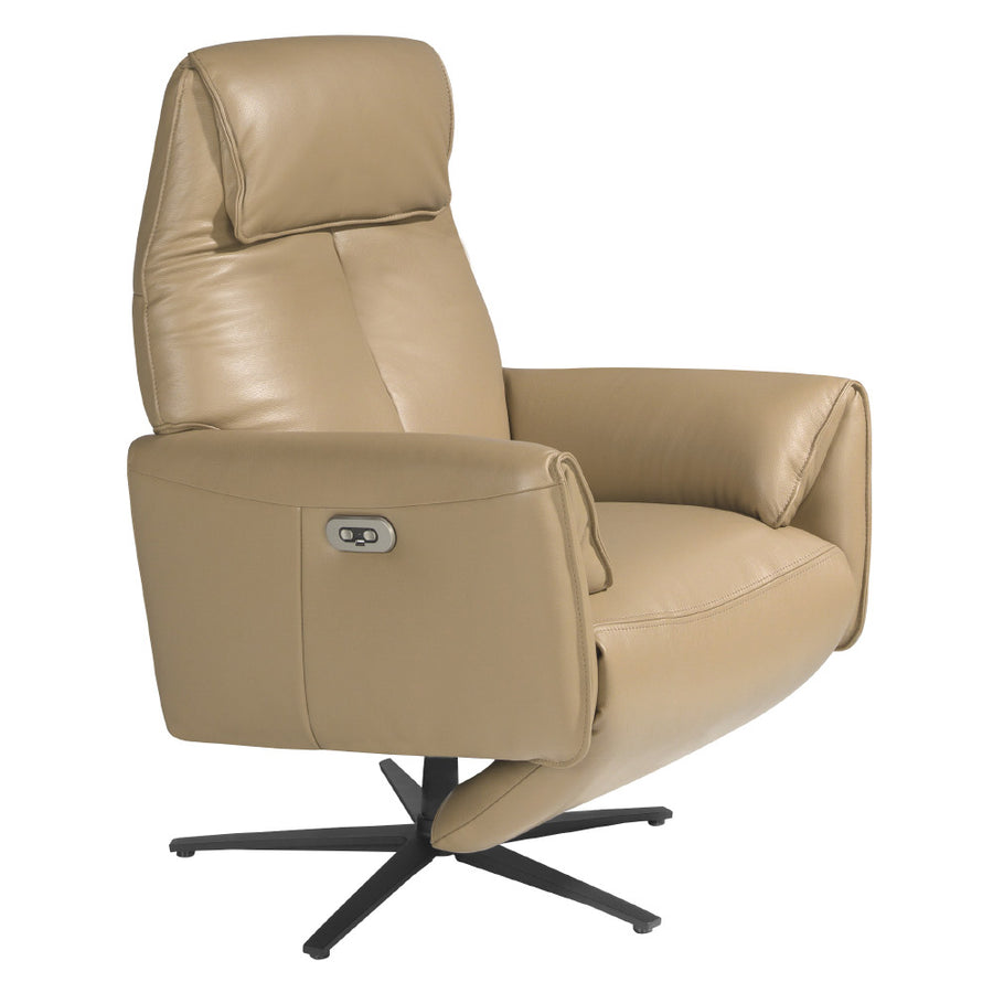 Kortárs stílusú, homokszínű bőrrel kárpitozott, dizájn, forgó pihenőfotel.