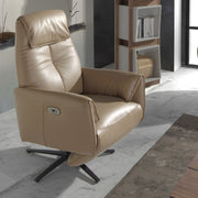 Kortárs stílusú, homokszínű bőrrel kárpitozott, dizájn, forgó pihenőfotel.