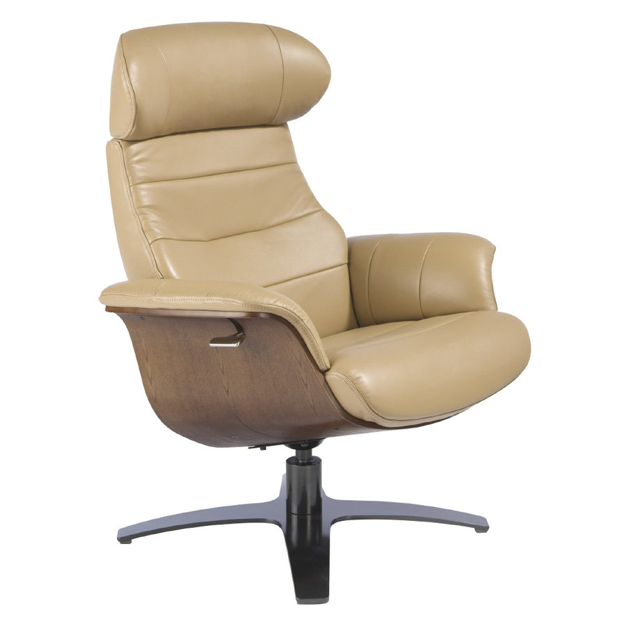 Kortárs stílusú, homokszínű bőrrel kárpitozott, diófa furnérral borított, dizájn pihenőfotel