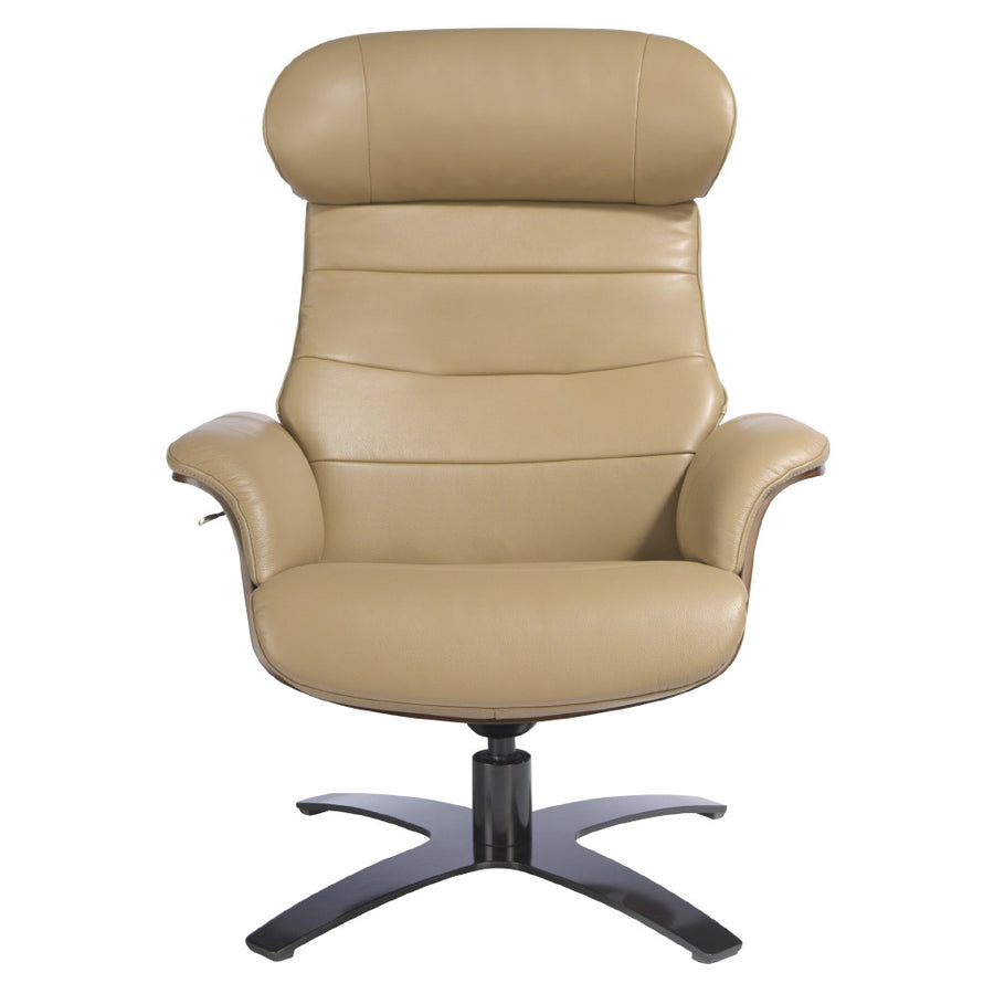 Kortárs stílusú, homokszínű bőrrel kárpitozott, diófa furnérral borított, dizájn pihenőfotel