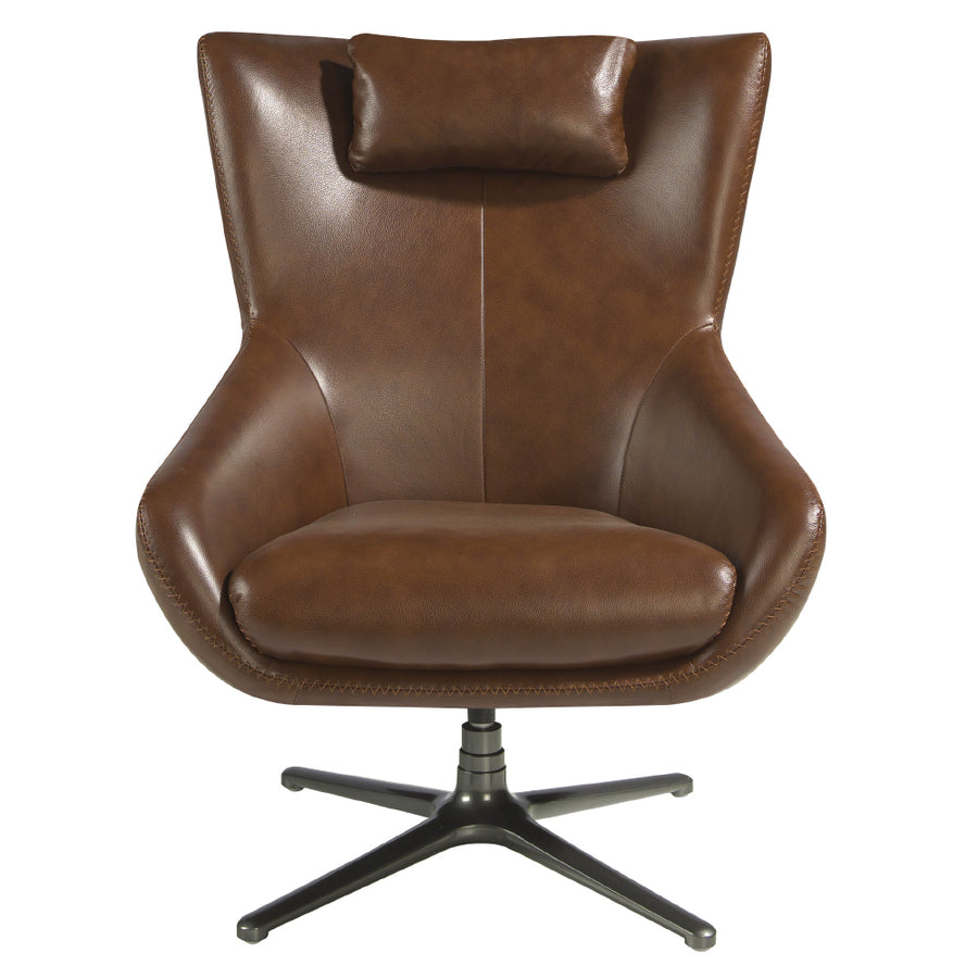 Kortárs stílusú, konyakbarna színű bőrrel kárpitozott, dizájn pihenőfotel acéllábakkal.