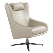 Kortárs stílusú, törtfehér színű bőrrel kárpitozott, dizájn pihenőfotel acéllábakkal.