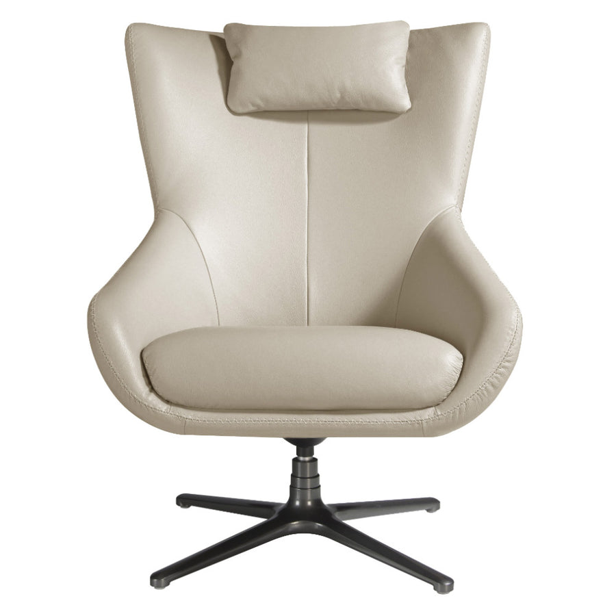 Kortárs stílusú, törtfehér színű bőrrel kárpitozott, dizájn pihenőfotel acéllábakkal.