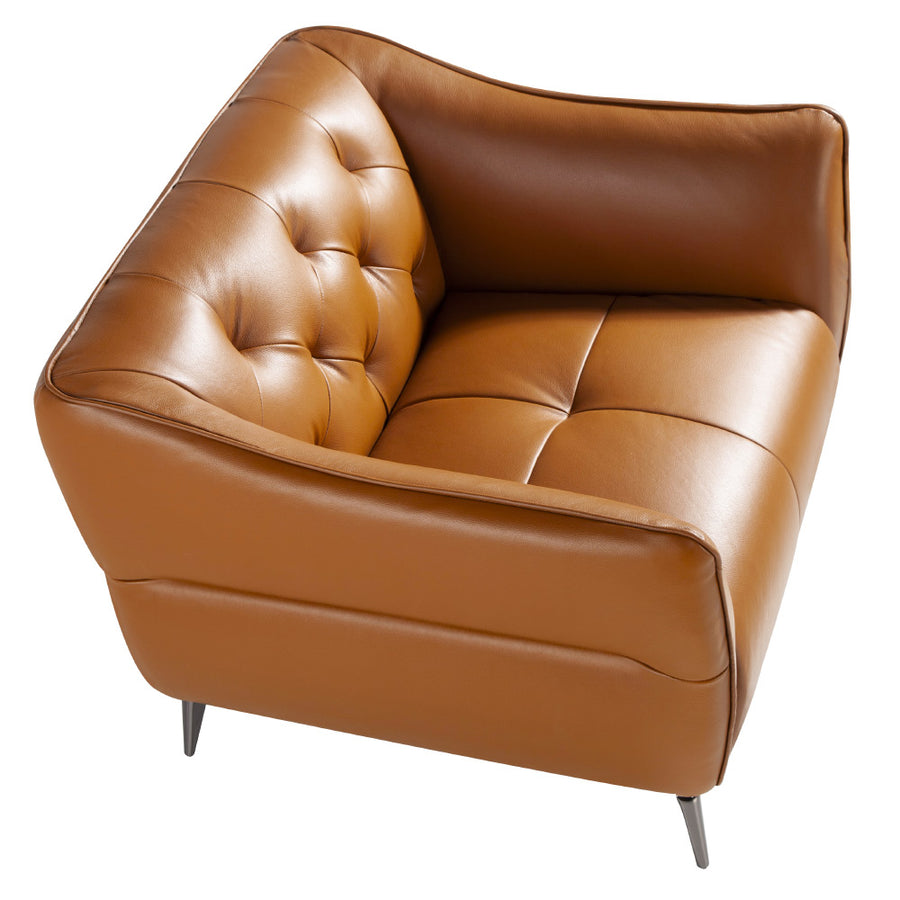 Kortárs stílusú, agyagbarna bőrrel kárpitozott, dizájn fotel acélból készült lábakkal.