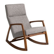 Kortárs stílusú, szürke színű szövettel kárpitozott hintaszék.