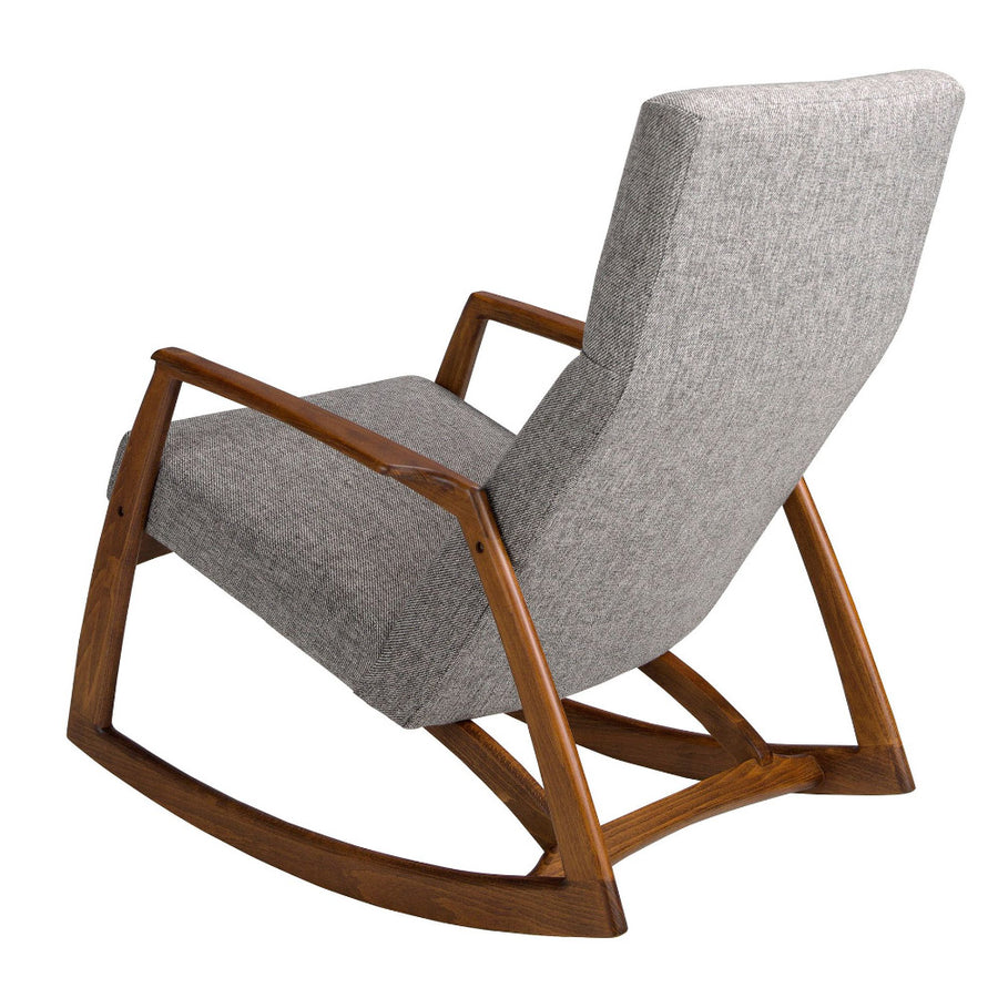 Kortárs stílusú, szürke színű szövettel kárpitozott hintaszék.