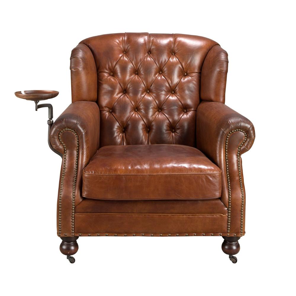 Chesterfield karfás bőrfotel elölnézet gombos háttámlával