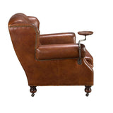 Vintage konyakbarna bőrfotel oldalnézet fa tálcával