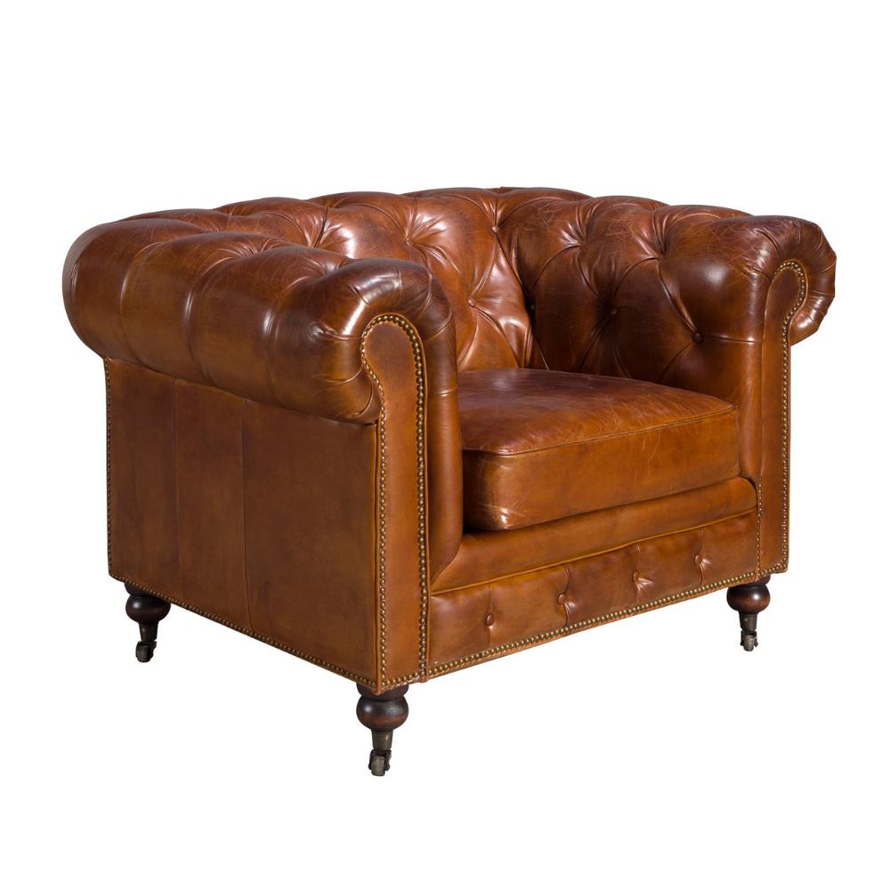Chester konyakbarna Chesterfield bőrfotel háromnegyedes nézetben