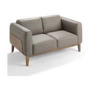 Kortárs, taupe színű bőrrel kárpitozott, diófa furnérral borított, dizájn kanapé.