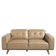 Kortárs, homokszínű bőrrel kárpitozott, fenyőfaszerkezetes, dizájn kanapé.