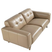 Kortárs, homokszínű bőrrel kárpitozott, fenyőfaszerkezetes, dizájn kanapé.