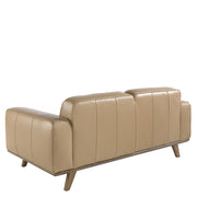 Kortárs, homokszínű bőrrel kárpitozott, fenyőfaszerkezetes, dizájn kanapé.