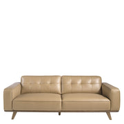 Kortárs, homokszínű bőrrel kárpitozott, fenyőfaszerkezetes, dizájn kanapé.