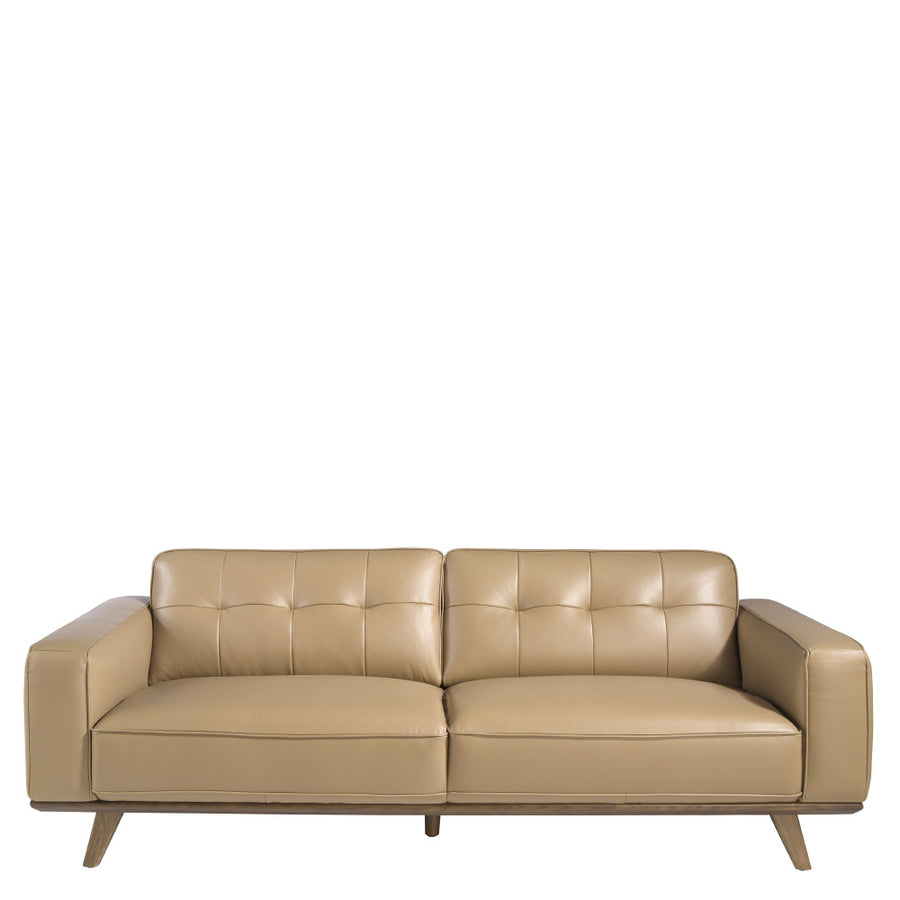 Kortárs, homokszínű bőrrel kárpitozott, fenyőfaszerkezetes, dizájn kanapé.