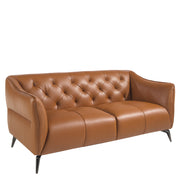 Kortárs, agyagbarna színű bőrrel kárpitozott, dizájn kanapé acéllábakkal.