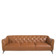 Kortárs, agyagbarna színű bőrrel kárpitozott, dizájn kanapé acéllábakkal.