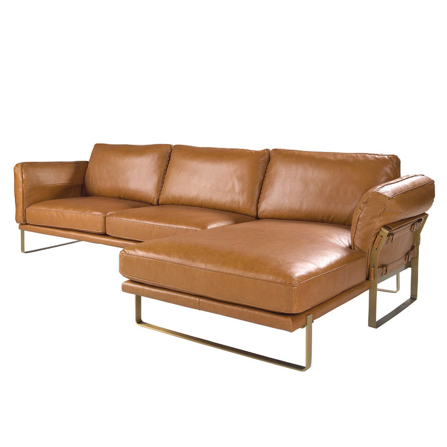 Loft stílusú, karamell színű bőrrel kárpitozott sarokkanapé aranyszínű acél lábakkal