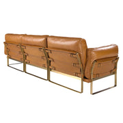 Loft stílusú, karamell színű  bőrrel kárpitozott sarokkanapé aranyszínű acél lábakkal