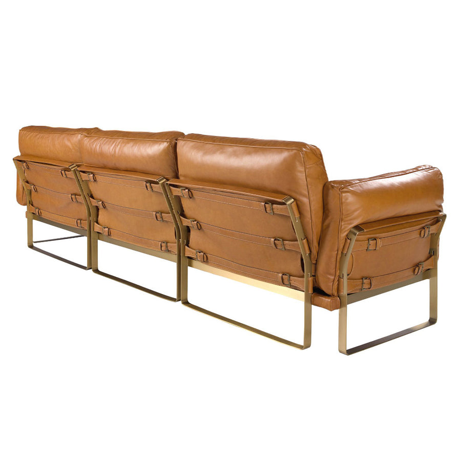 Loft stílusú, karamell színű  bőrrel kárpitozott sarokkanapé aranyszínű acél lábakkal