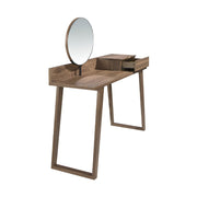 Kortárs stílusú, diófa furnérral borított fa fésülködőasztal, forgatható tükörrel.