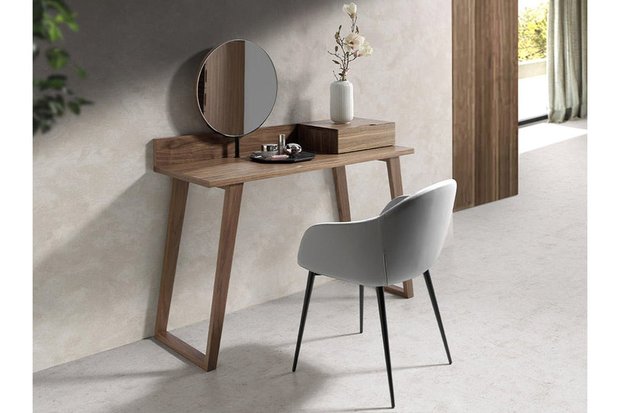 Kortárs stílusú, diófa furnérral borított fa fésülködőasztal, forgatható tükörrel.