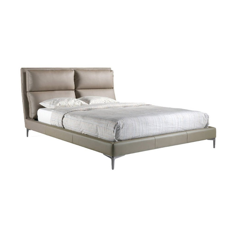 Kortárs stílusú, fenyőfavázas, taupe színű műbőrrel kárpitozott dizájn franciágy.