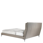 Kortárs stílusú, fenyőfavázas, taupe színű műbőrrel kárpitozott dizájn franciágy.